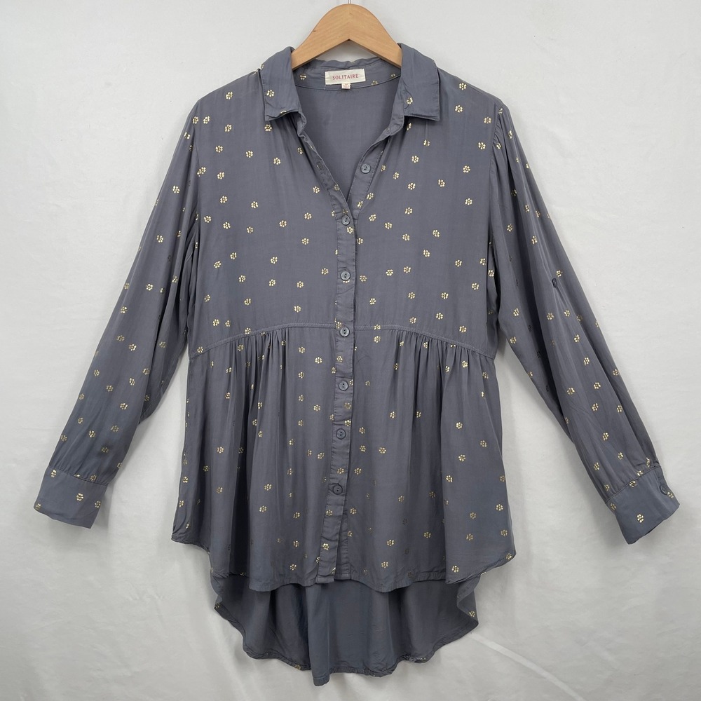 Solitaire Gray Gold Foil Floral Button Down Tunic Roll Tab Sleeve Top M